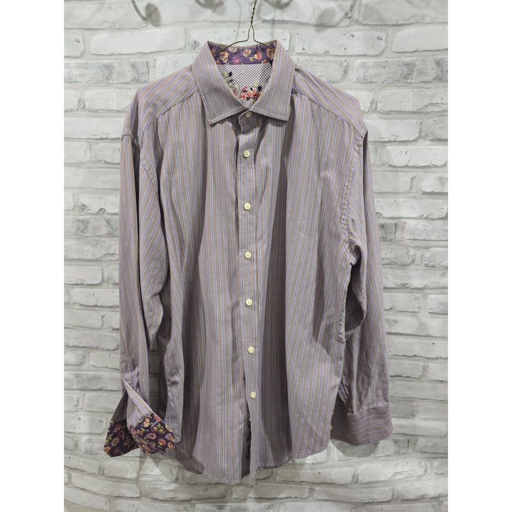 Robert Graham Men Button Down Shirt XL Tan Gray Brown Blue Vertical Stripes